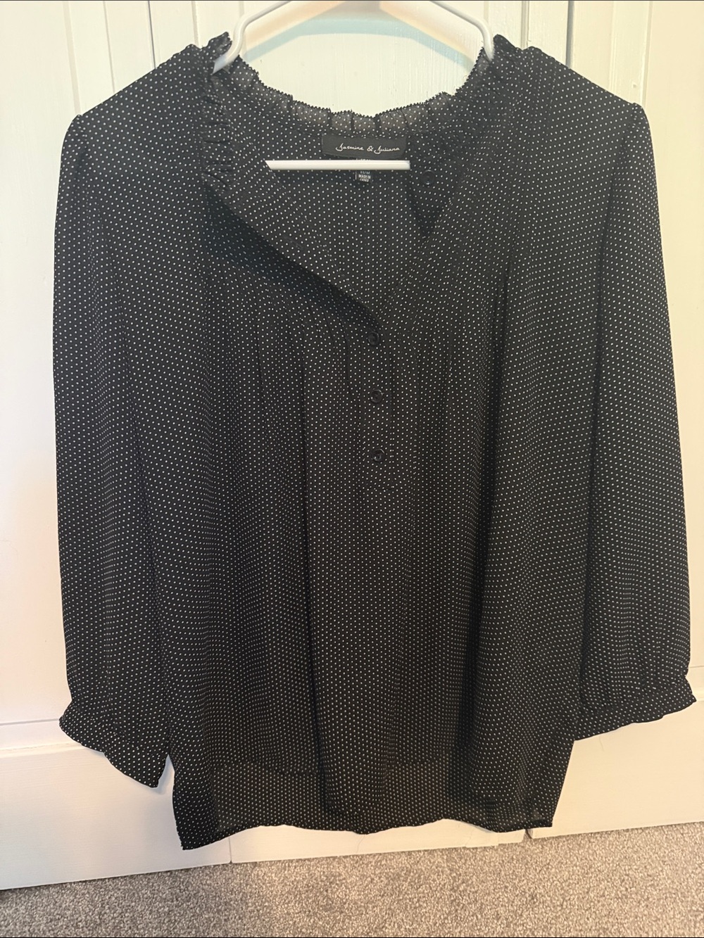 Black Polka Dot Ruffle-Neck Blouse by Sienna & Simone